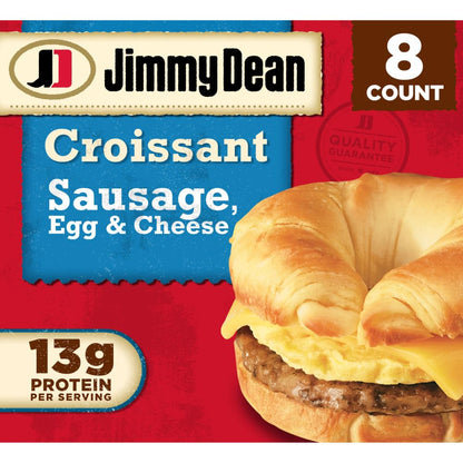 fully assembled frozen sandwich made with a croissant, pork and chicken sausage patty, fully cooked egg patty, and american cheese