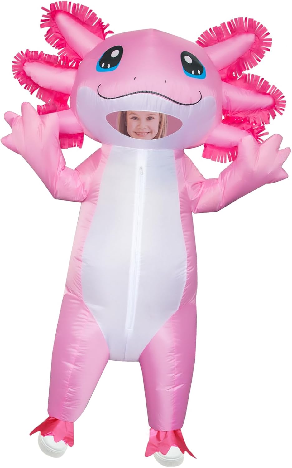 fully inflatable axolotl design with continuous blower for full-body puff effect