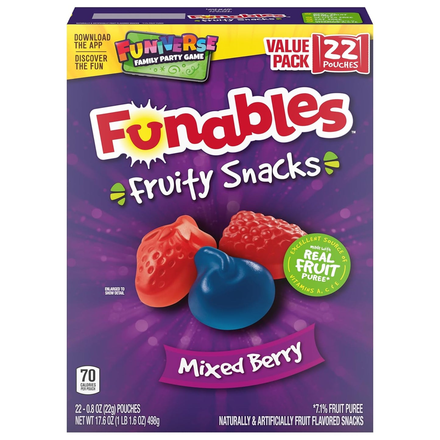 Funables Fruity Snacks Mixed Berry Pouches, Back-to-School Lunchbox Snack for Kids and Tweens, Bulk 22-Count Box