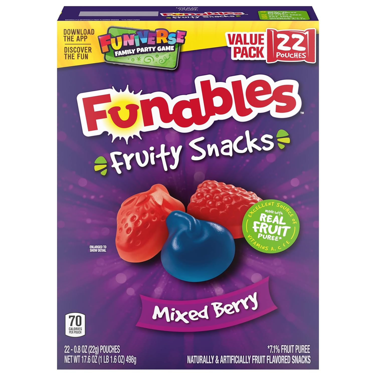 Funables Fruity Snacks Mixed Berry Pouches, Back-to-School Lunchbox Snack for Kids and Tweens, Bulk 22-Count Box