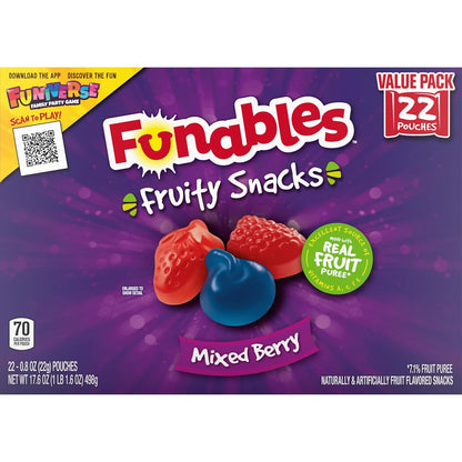 Funables Fruity Snacks Mixed Berry Pouches, Back-to-School Lunchbox Snack for Kids and Tweens, Bulk 22-Count Box