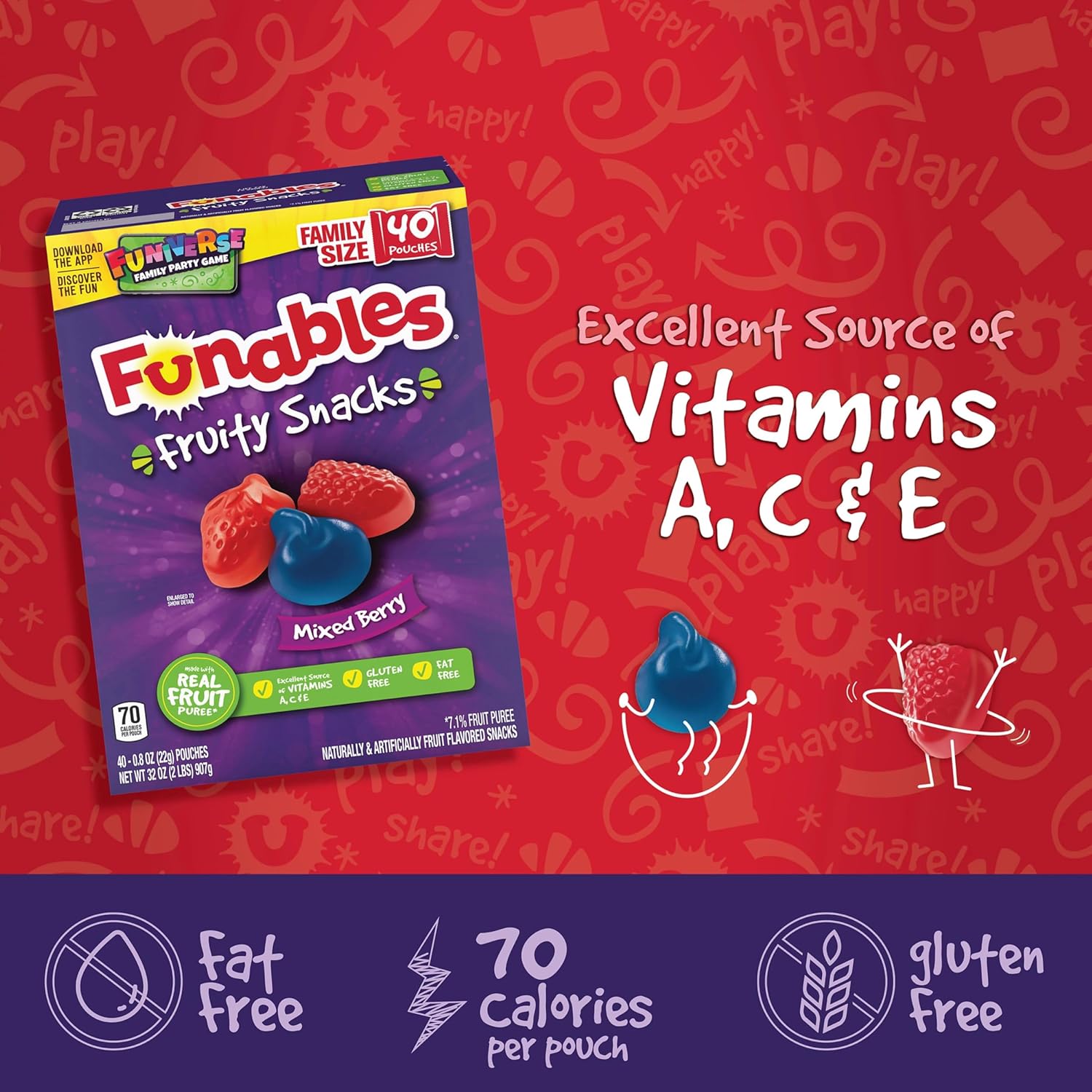 Funables Fruity Snacks, Vitamin Fortified Berry Gummies for Kids Lunchbox and Care Packages