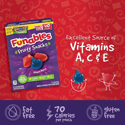 Funables Fruity Snacks, Vitamin Fortified Berry Gummies for Kids Lunchbox and Care Packages