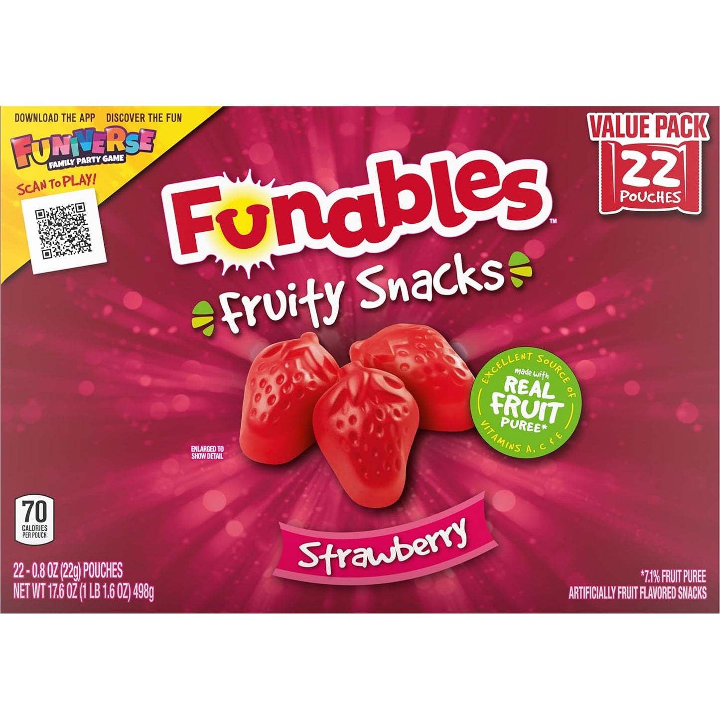 Funables Strawberry Fruit Snacks for Kids Backpacks & After-School Snacking, 22 Pouches