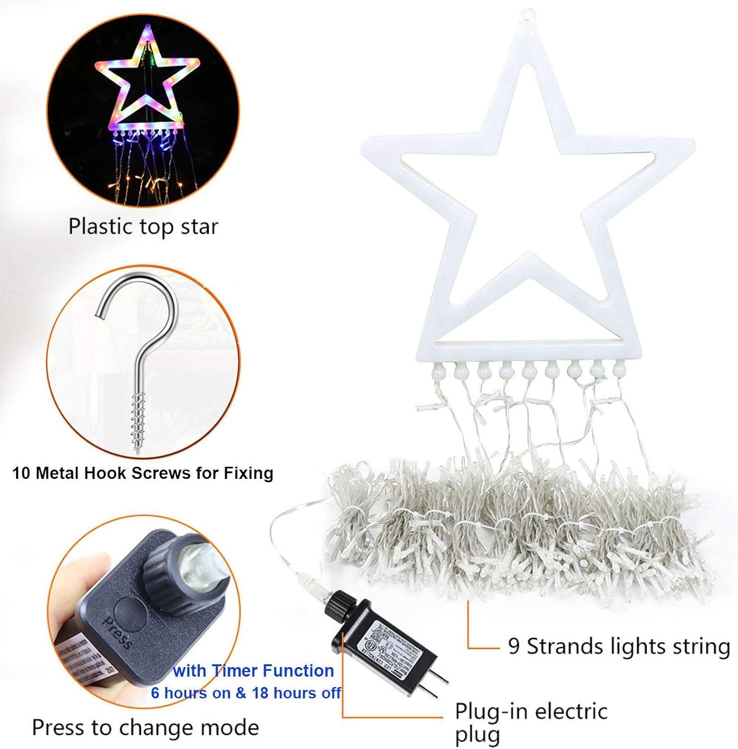 FUNIAO 320 LED Waterfall Christmas Lights with 12.6" Star Topper, IP44 Waterproof Outdoor String Lights for Patio, Yard and Garden