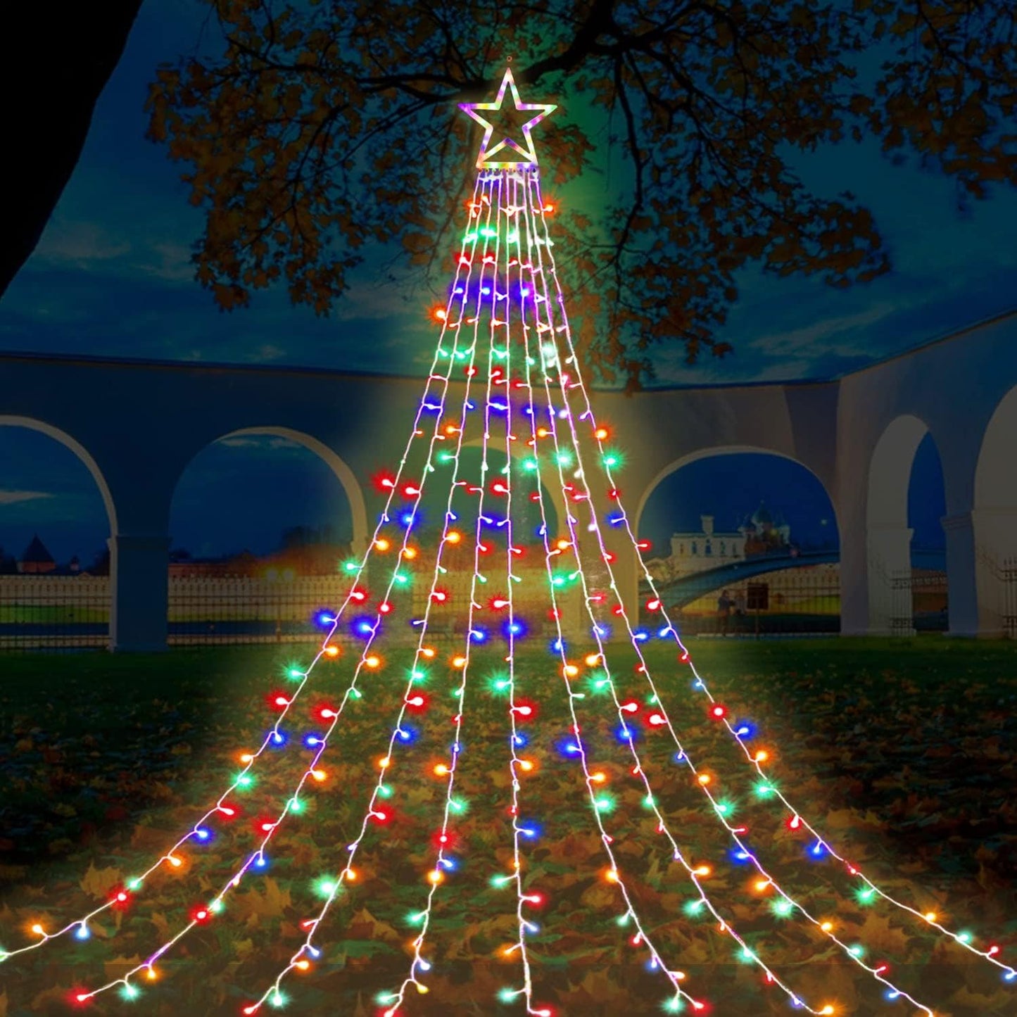 FUNIAO 320 LED Waterfall Christmas Lights with 12.6" Star Topper, IP44 Waterproof Outdoor String Lights for Patio, Yard and Garden