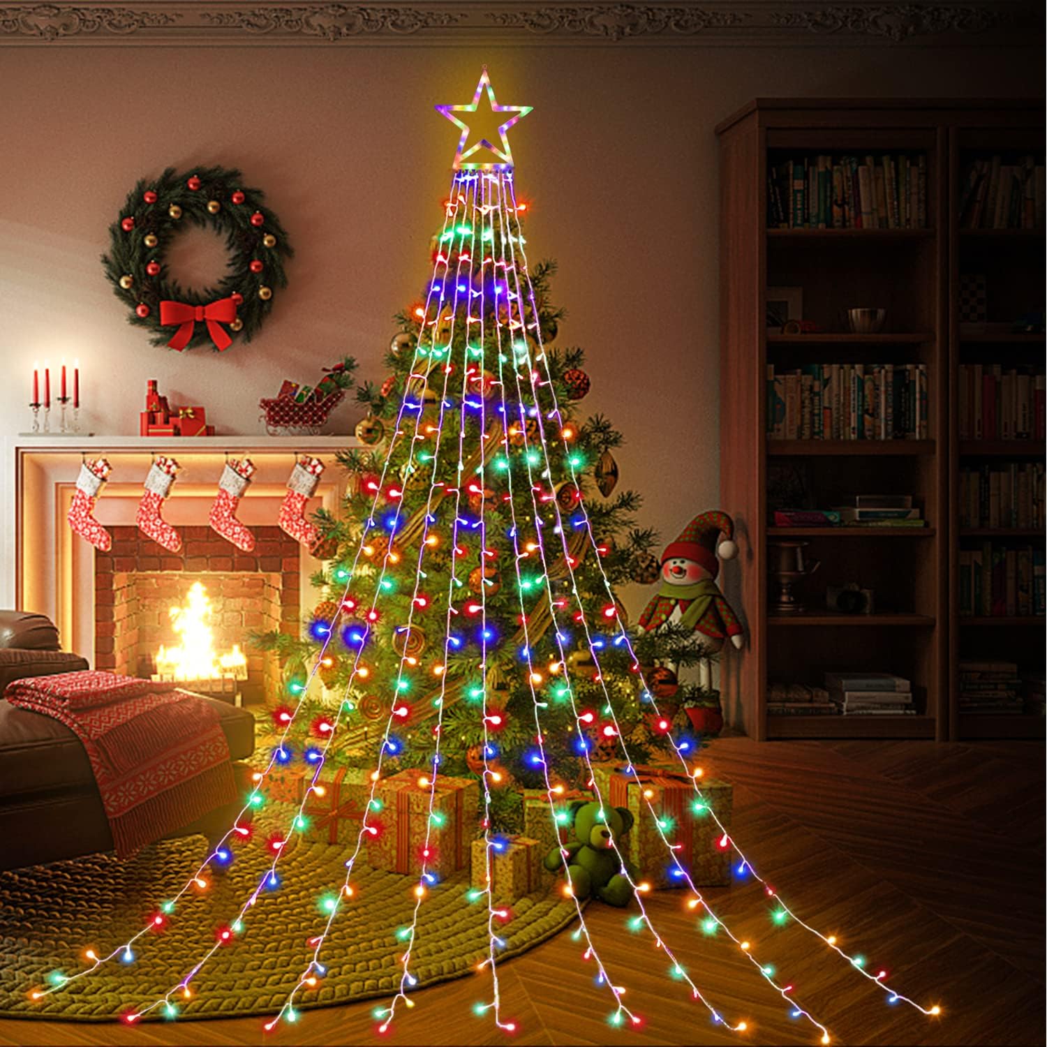 FUNIAO 320 LED Waterfall Christmas Lights with 12.6" Star Topper, IP44 Waterproof Outdoor String Lights for Patio, Yard and Garden