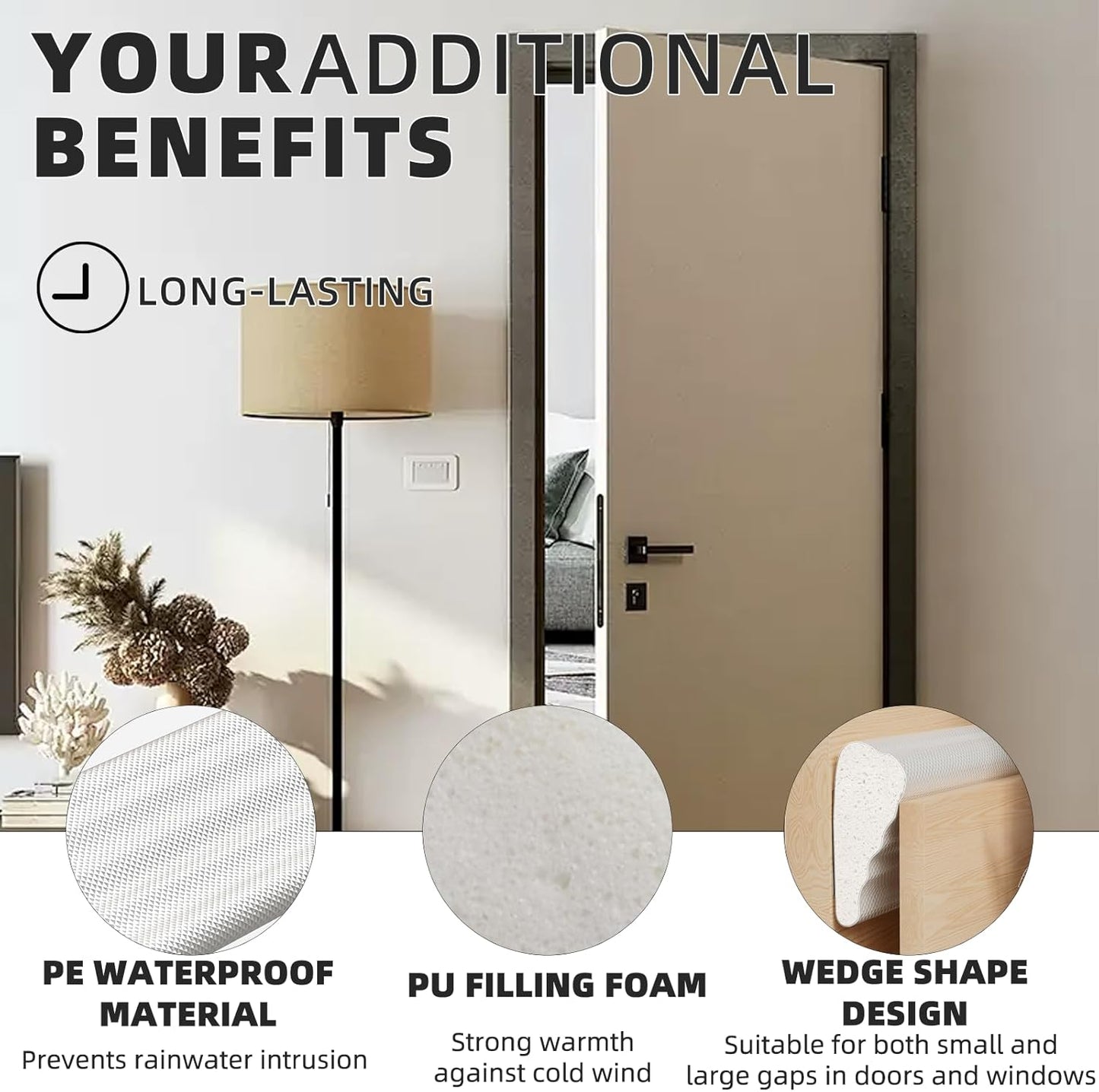 Furinno Door Seal Wedge – Neutral Gray Weatherstrip for Streamlined Interiors, PU Foam with Grid Backing
