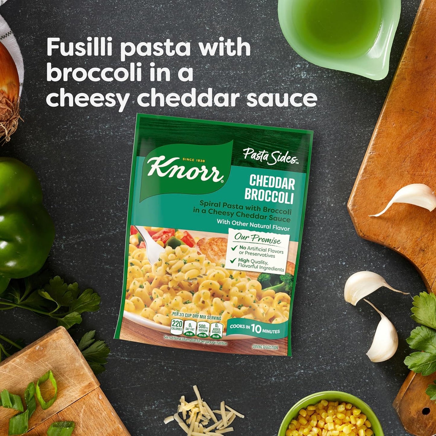 fusilli pasta shape with sauce and vegetable inclusions in a single dry pouch