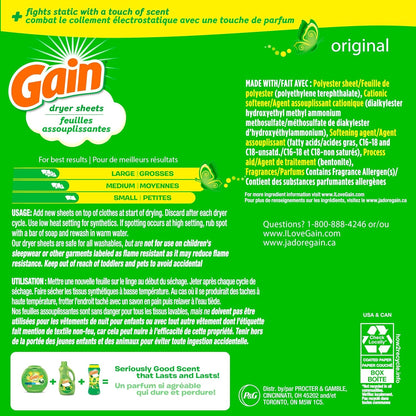 Gain Dryer Sheets Plus Wrinkle Release, Original – Designer-Smelling Home Refresh for Multi-Bedroom Spaces, 4 Pack