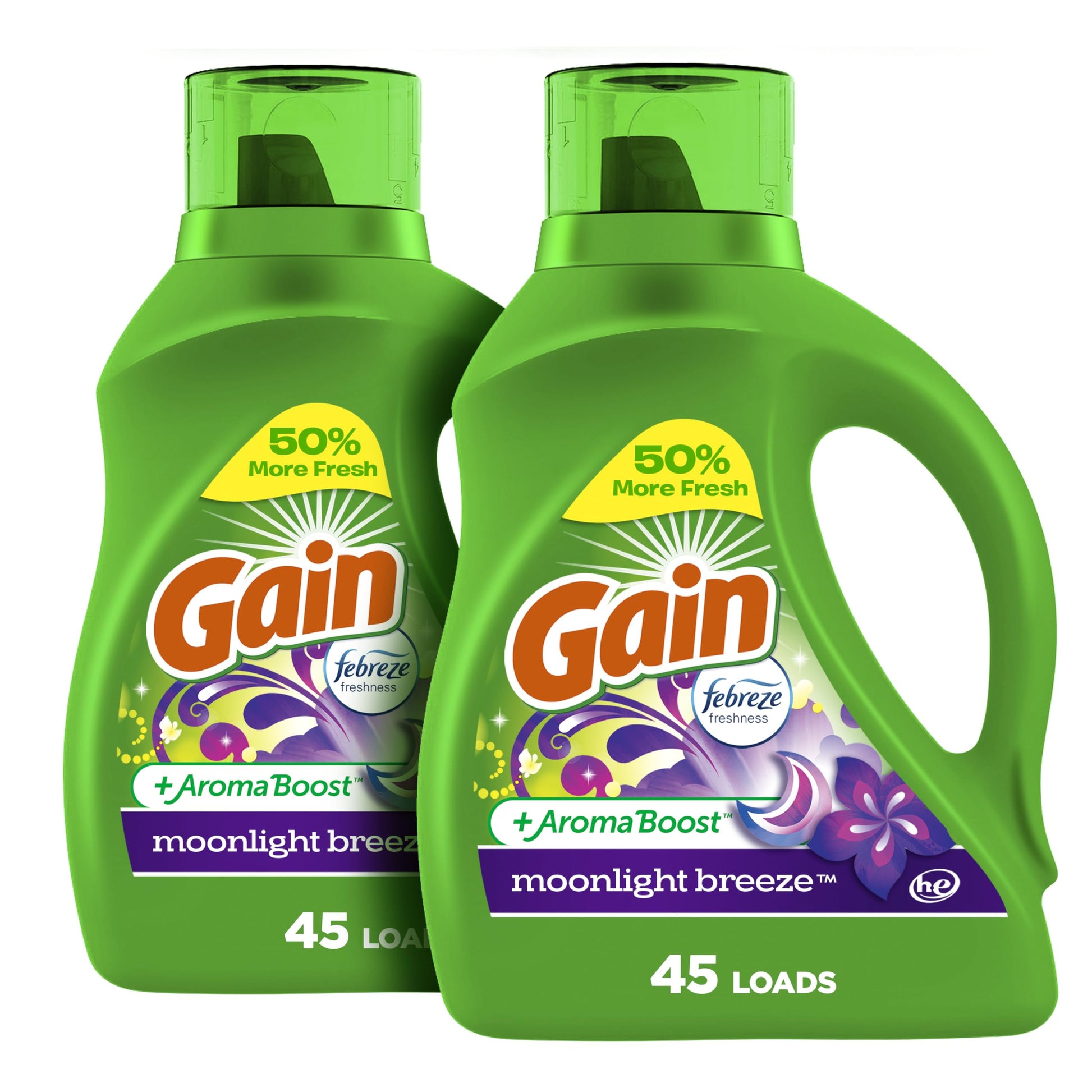 Gain Liquid Laundry Detergent with Odor Defense, Moonlight Breeze Scent, 65 FL OZ x 2, 45 x 2 Loads, Liquid Detergent And Laundry Soap For HE Washing Machines
