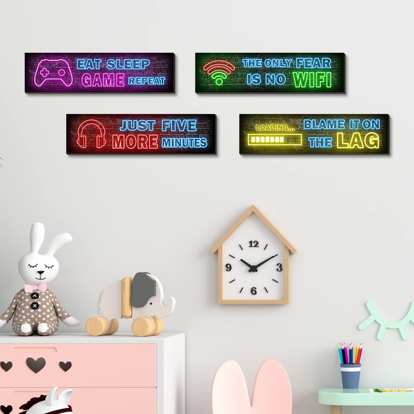 game-themed text and graphic patterns in vibrant neon styling