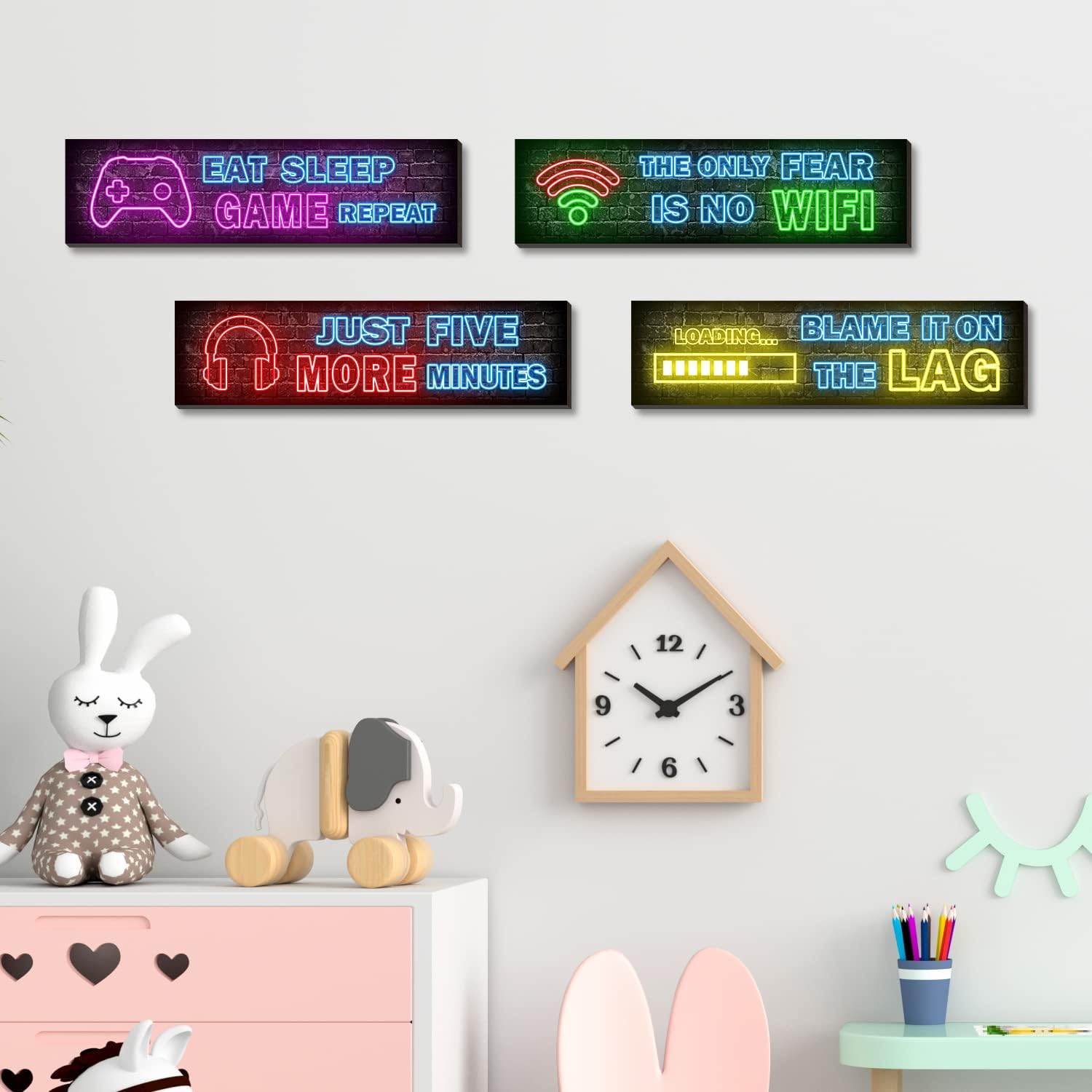 game-themed text and graphic patterns in vibrant neon styling