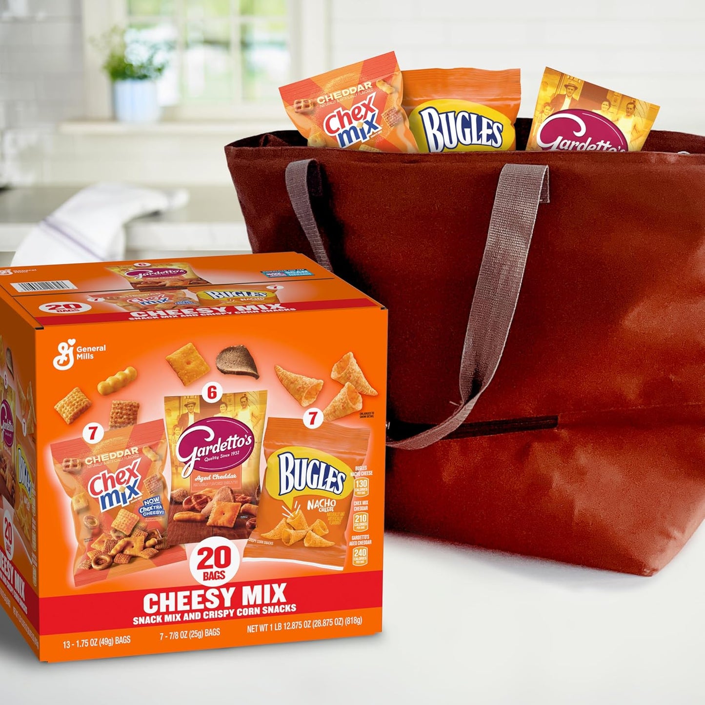 General Mills Cheesy Snack Variety Pack – Game Day & Outdoor Entertaining Snack Pack, Cheddar Chex Mix, Bugles & Gardetto's 20 ct Box