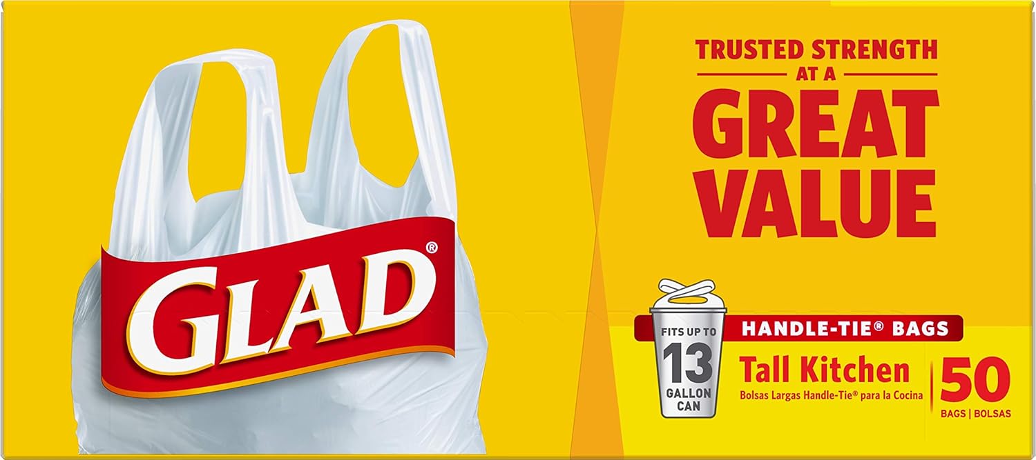 Glad 13 Gallon Handle-Tie Garbage Bags, 50 Count for Daily Office Break Room Tasks
