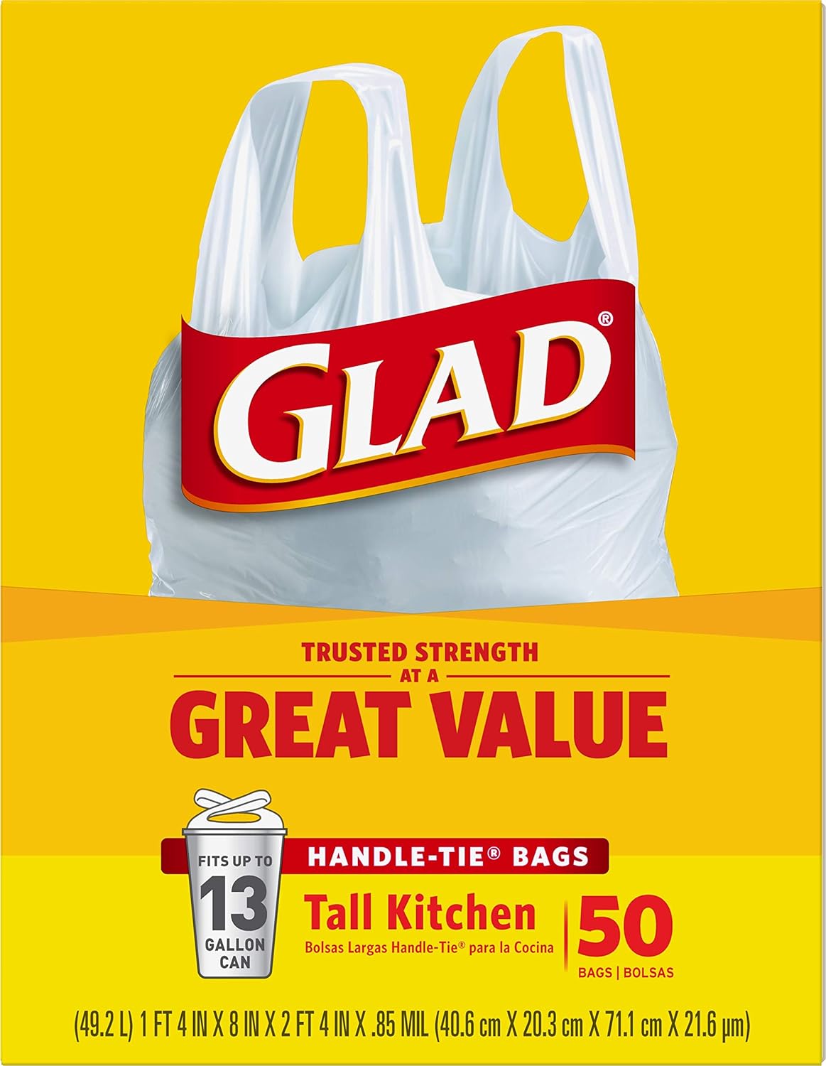 Glad 13 Gallon Handle-Tie Garbage Bags, 50 Count for Daily Office Break Room Tasks
