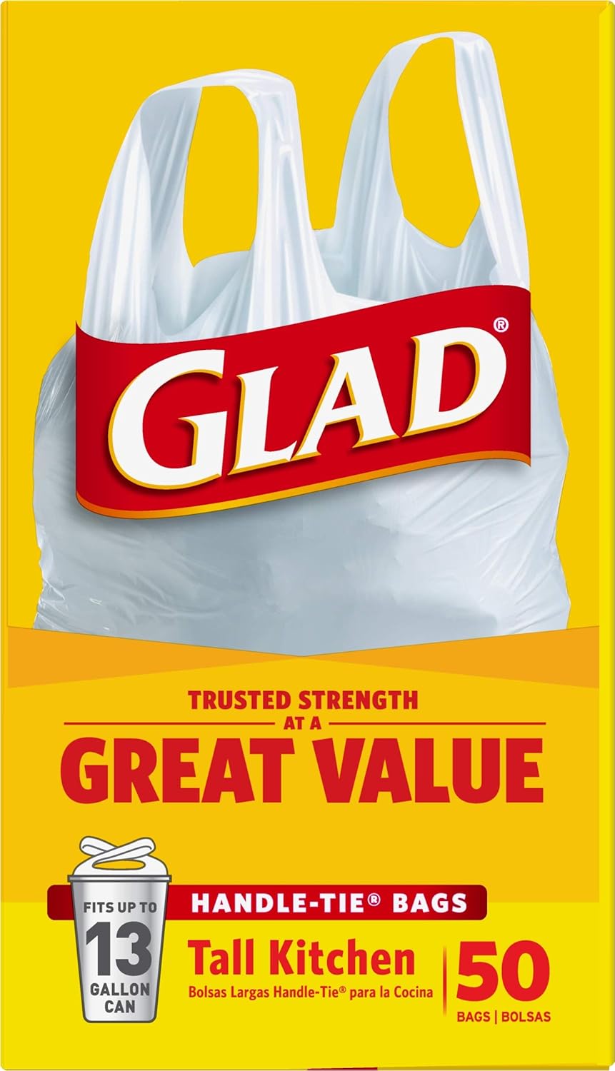 Glad 13 Gallon Handle-Tie Garbage Bags, 50 Count for Daily Office Break Room Tasks