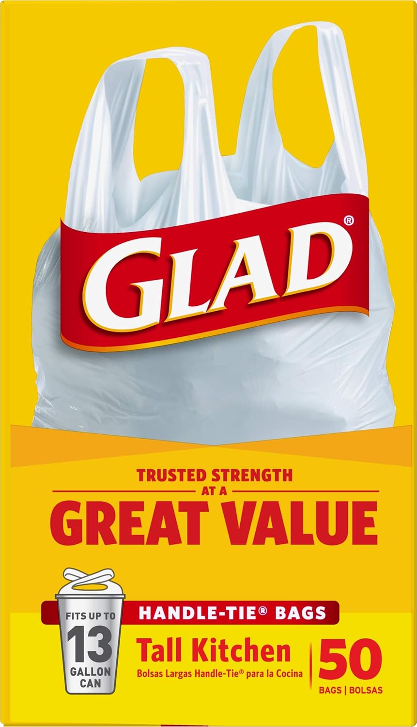 Glad 13 Gallon Handle-Tie Garbage Bags, 50 Count for Daily Office Break Room Tasks