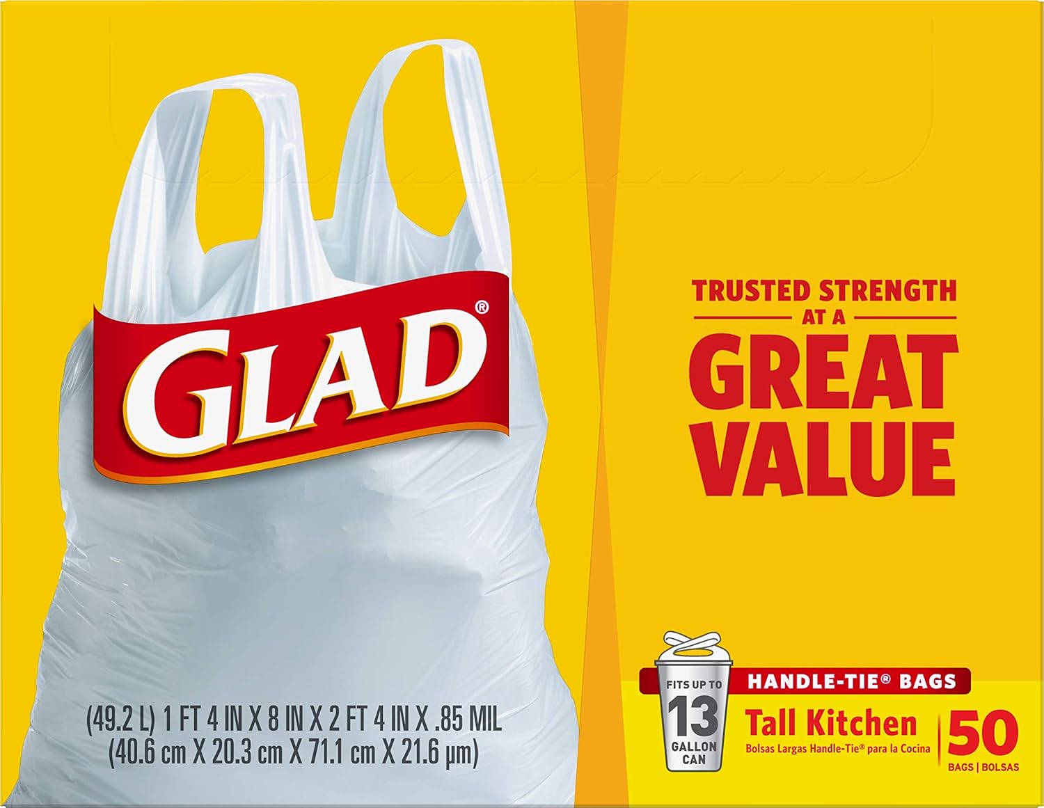 Glad 13 Gallon Handle-Tie Garbage Bags, 50 Count for Daily Office Break Room Tasks