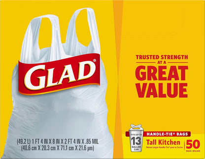Glad 13 Gallon Handle-Tie Garbage Bags, 50 Count for Daily Office Break Room Tasks