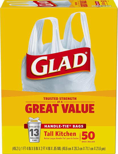 Glad 13 Gallon Handle-Tie Garbage Bags, 50 Count for Daily Office Break Room Tasks