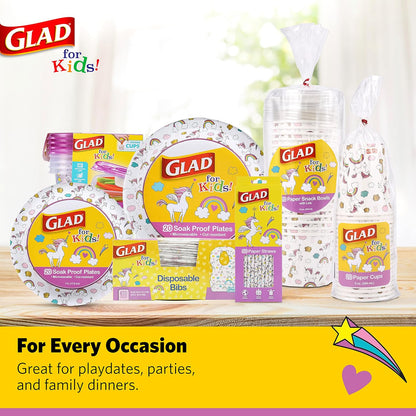 Glad for Kids Disposable Unicorn Toddler Bibs, Streamlined Paper Bibs for Less-Is-More Mealtime Routines and Tidy High Chairs, 30 Count