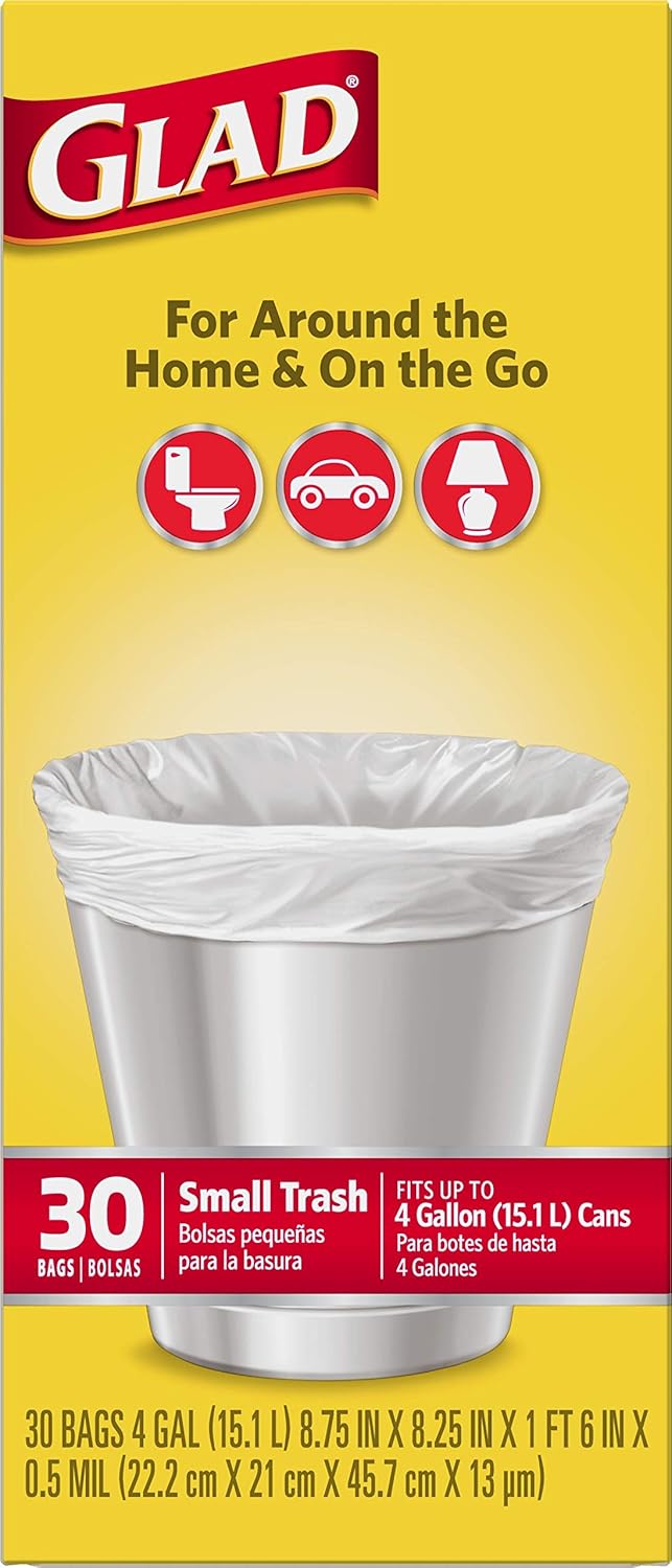 Glad Trash Bags, Small Garbage Bags - 4 Gallon White Trash Bag for Diaper Pail and Kids' Room Cleanup