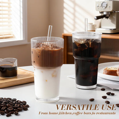Glassware Luminous – Iced Latte Glass Elegant Home Bar Accessory, 20oz Ribbed Tumbler with Three-in-One Lid