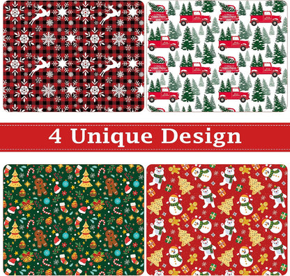 glossy paper finish with printing of christmas trees, santa claus, snowflakes, and reindeer