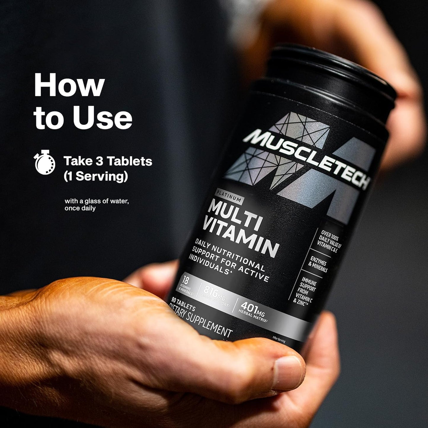 gluten-free, unflavored tablet form packaged in a compact 2.6 x 2.6 x 5.5-inch bottle
