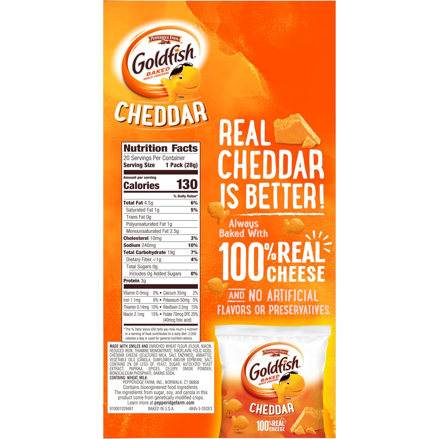 Goldfish Cheddar Cheese Crackers – Lunchbox Snack Pack for School Kids, 20 Count Single-Serve Pouches