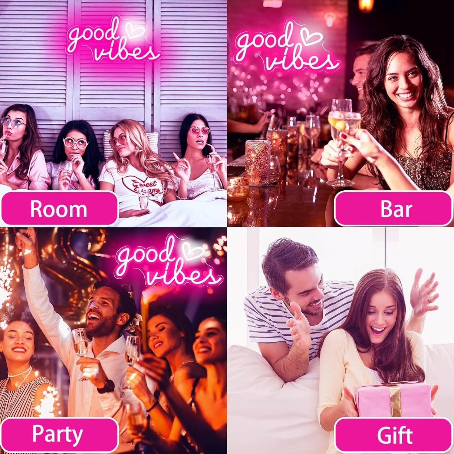 Good Vibes Neon Sign – Trendy Heart-Shaped Birthday Gift for Her, USB LED Wall Light for Bedroom