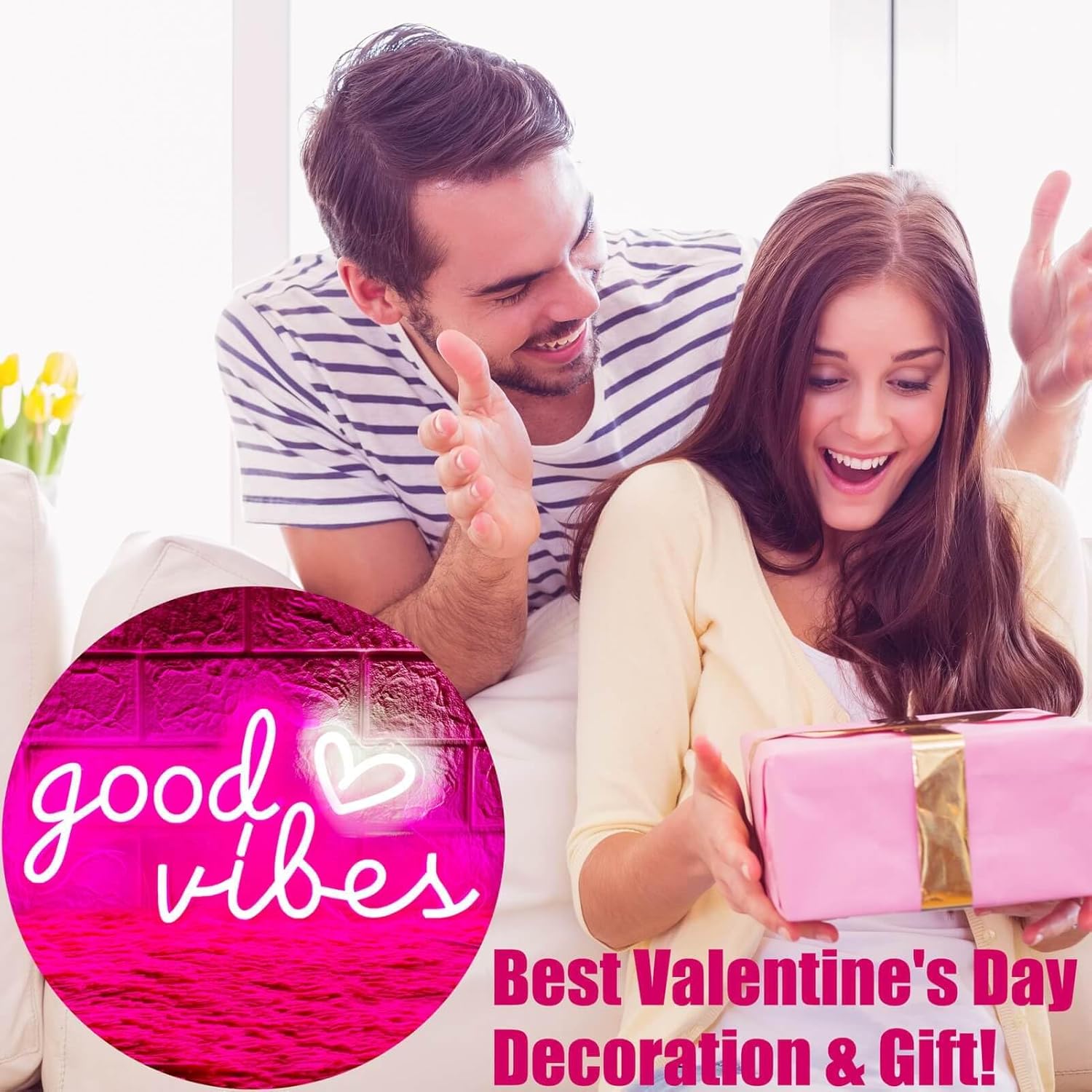 Good Vibes Neon Sign – Trendy Heart-Shaped Birthday Gift for Her, USB LED Wall Light for Bedroom