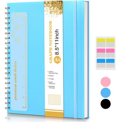 Graph Paper Notebook, Spiral Notebook Journal 8.5” x 11”, A4 Large Grid Notebooks for Women Men, 100 GSM Graph Paper, Plastic Hardcover Spiral Graphing Journals for Work School Engineerin, Blue