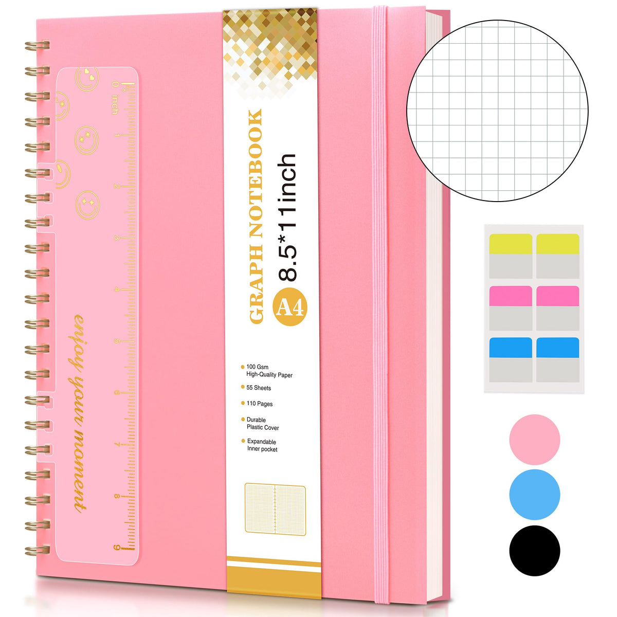 Graph Paper Notebook, Spiral Notebook Journal 8.5” x 11”, A4 Large Grid Notebooks for Women Men, 100 GSM Graph Paper, Plastic Hardcover Spiral Graphing Journals for Work School Engineering, Pink