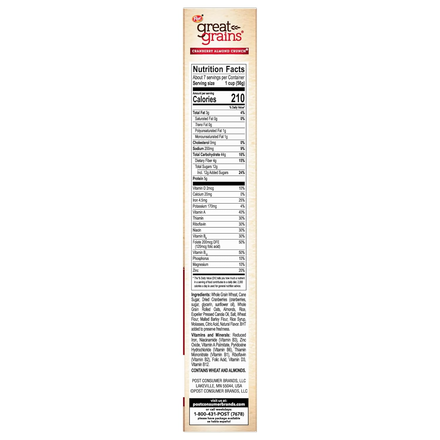 Great Grains Cranberry Almond Crunch Cereal – No-Crash Whole Grain Cereal for Home Office Focus Mornings, 14 oz