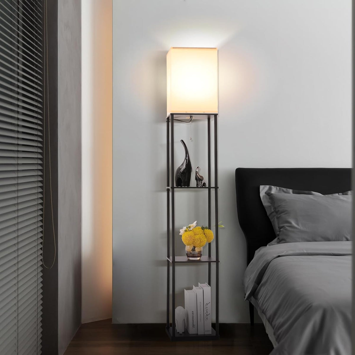 Gupuzm Minimalist Standing Lamp Bookshelf – Neutral Finish Display Shelf with Integrated LED Reading Light