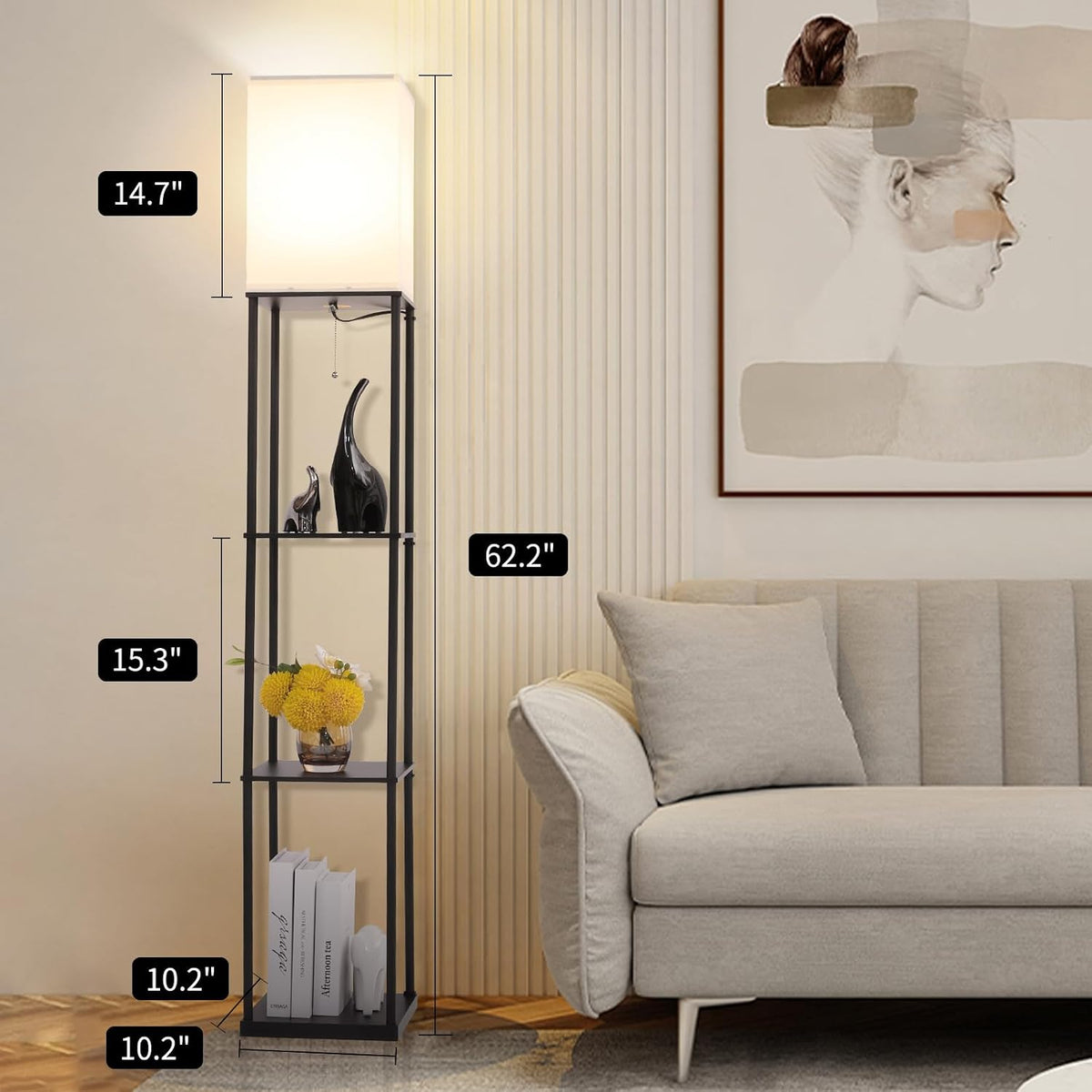 Gupuzm Minimalist Standing Lamp Bookshelf – Neutral Finish Display Shelf with Integrated LED Reading Light