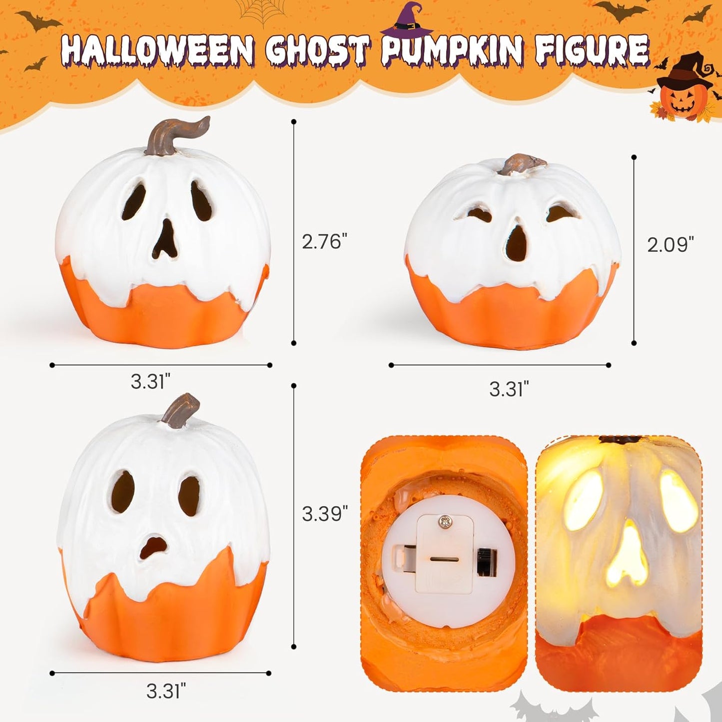 Halloween Decorations Light Up Ghost Pumpkin Set of 3 – Cozy Living Room Accent for Autumn Fireplace Mantel Styling