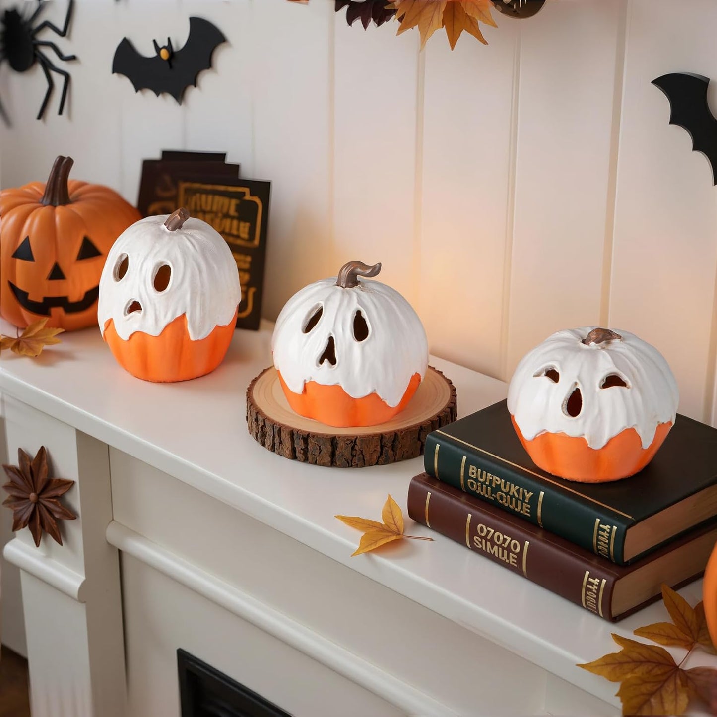 Halloween Decorations Light Up Ghost Pumpkin Set of 3 – Cozy Living Room Accent for Autumn Fireplace Mantel Styling