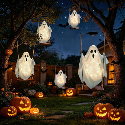 Halloween Hanging Ghost – Solar Swing Ghost for Patio and Garden, Weatherproof 2-Pack