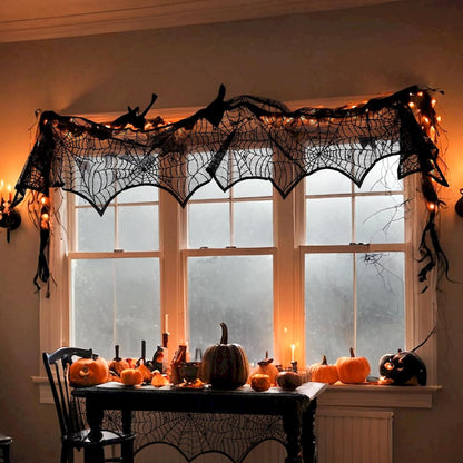 Halloween Mantle Scarf – Understated Seasonal Layer for Less Is More Interiors, Black Lace Fireplace Mantel Cover