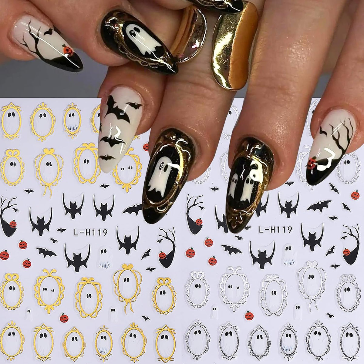 halloween motifs including ghosts, bats, spider webs, pumpkins, black cats, and bows