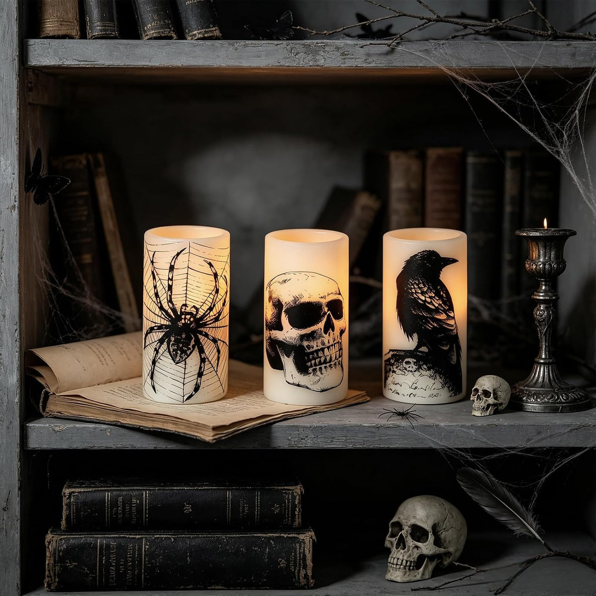 halloween-themed decals across the line: skull, crow/raven, spider, pumpkin, and witch options