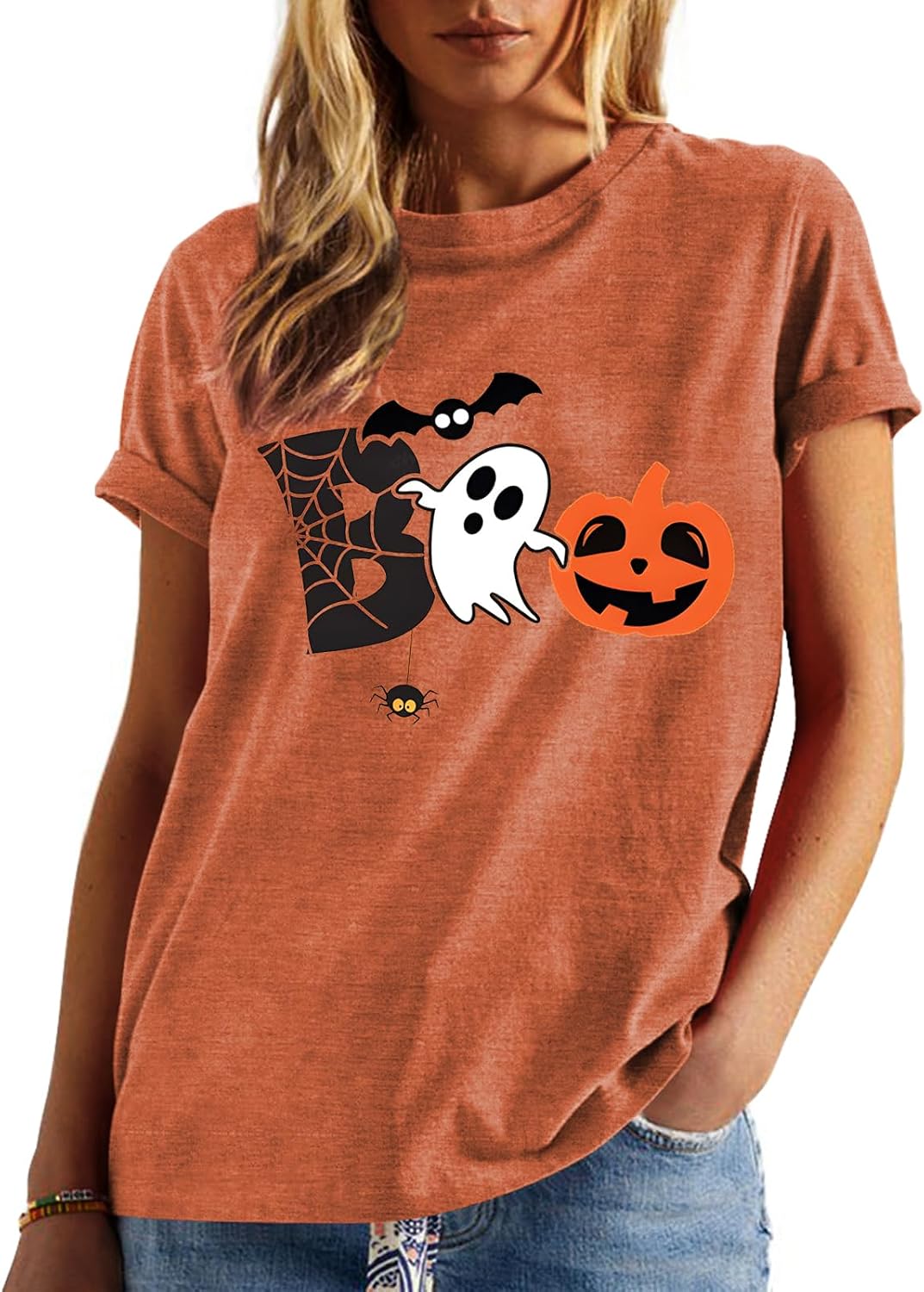 halloween-themed graphic print featuring 'boo', ghost, and pumpkin motifs