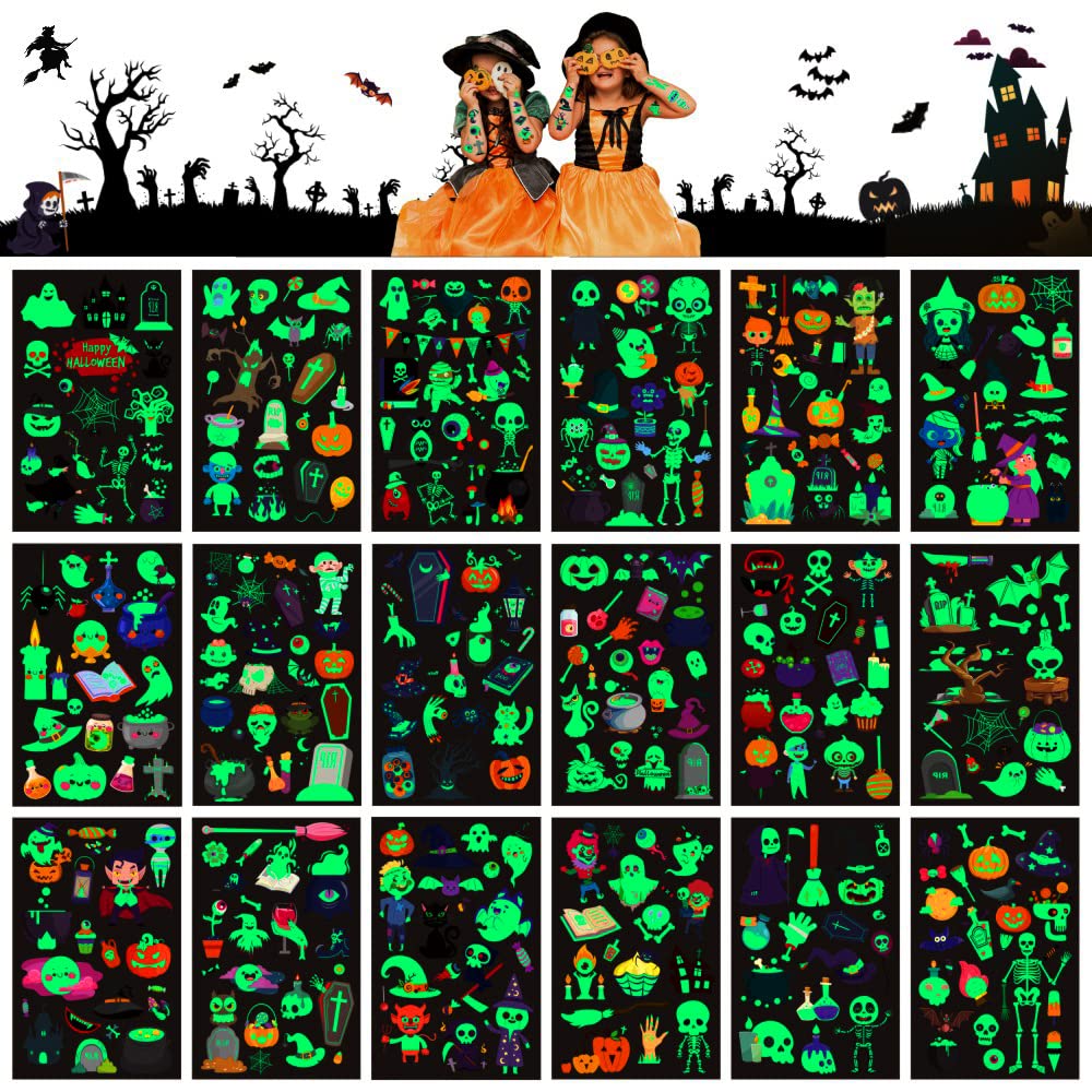 halloween-themed iconography: skeletons, owls, spiders, bats, ghosts, pumpkins, witches, spider webs