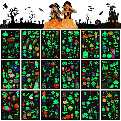 halloween-themed iconography: skeletons, owls, spiders, bats, ghosts, pumpkins, witches, spider webs