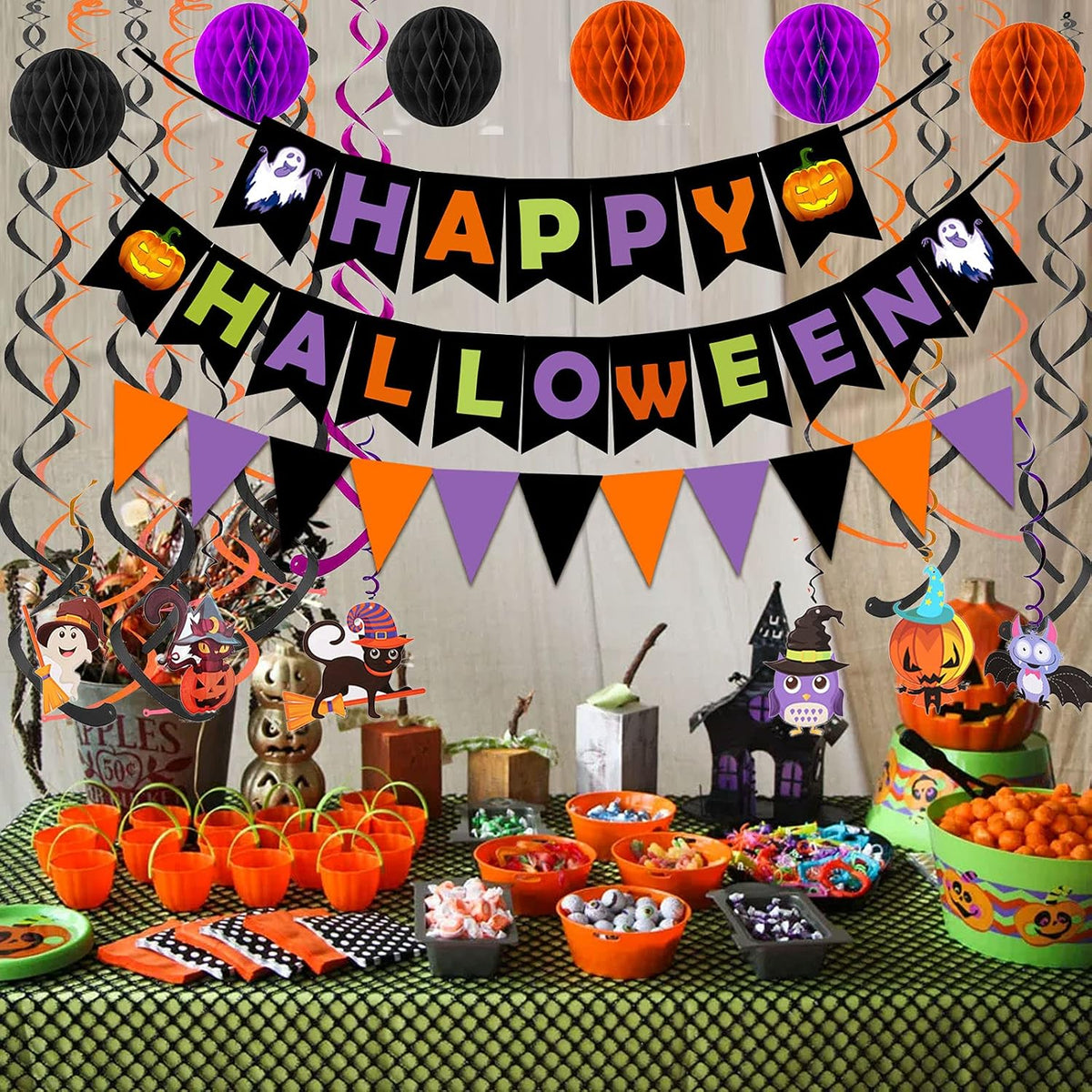 halloween variant color scheme of purple, orange, and black with pumpkin, ghost, bat, cat, and bird motifs