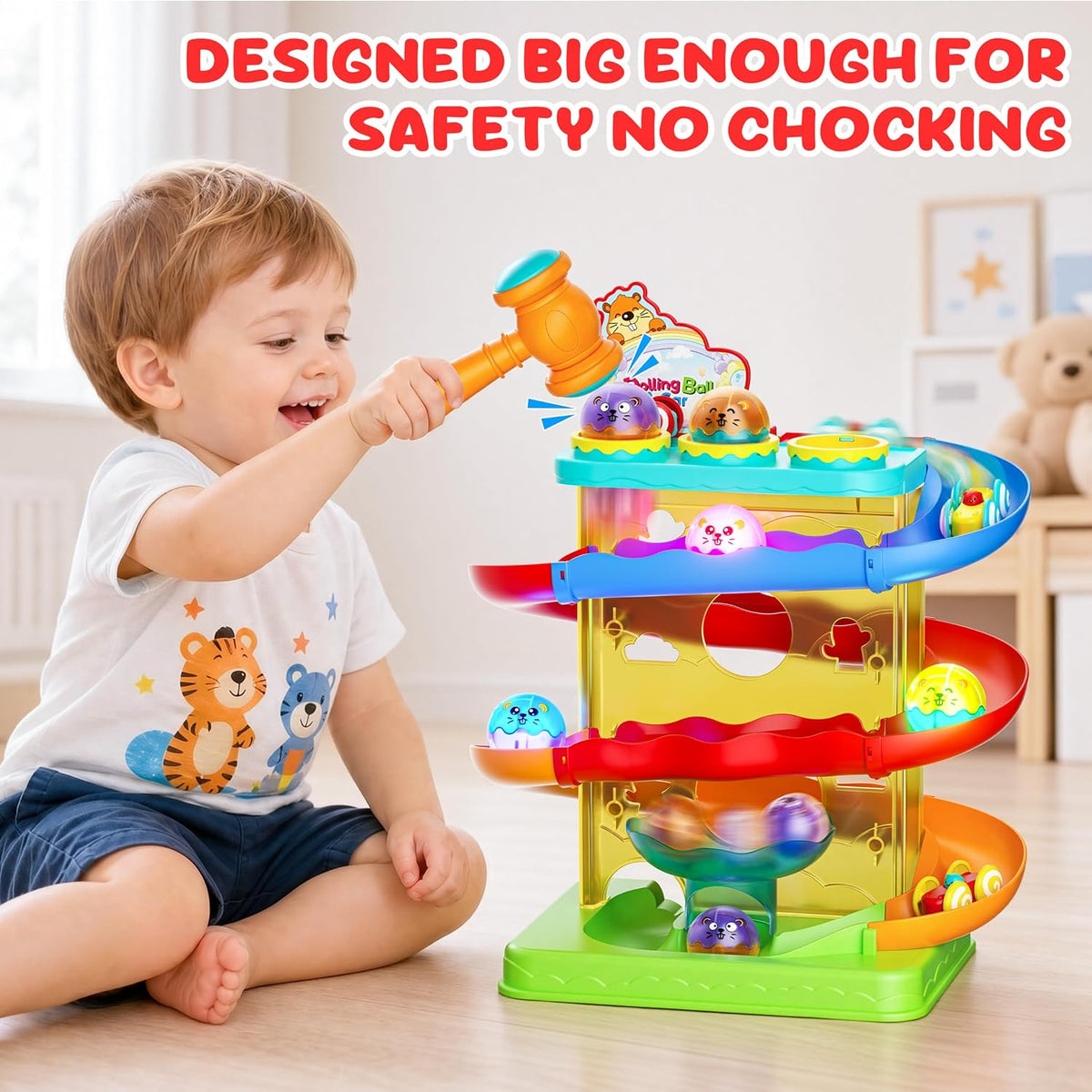 hammer-and-pound mechanism for cause-and-effect ball-drop play