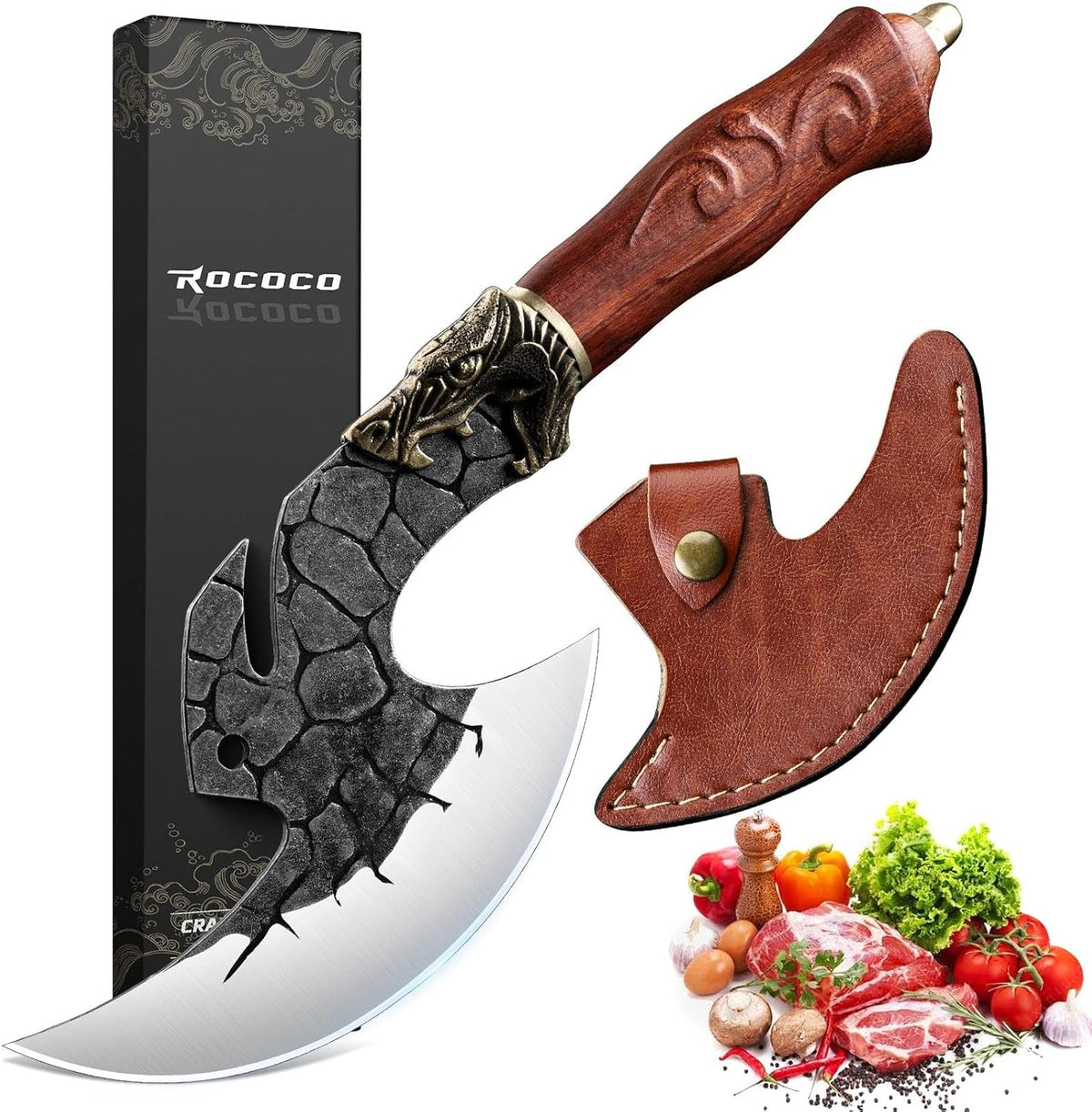 hand-forged high-carbon steel blade (approx. 6.2") with black finish and plain edge